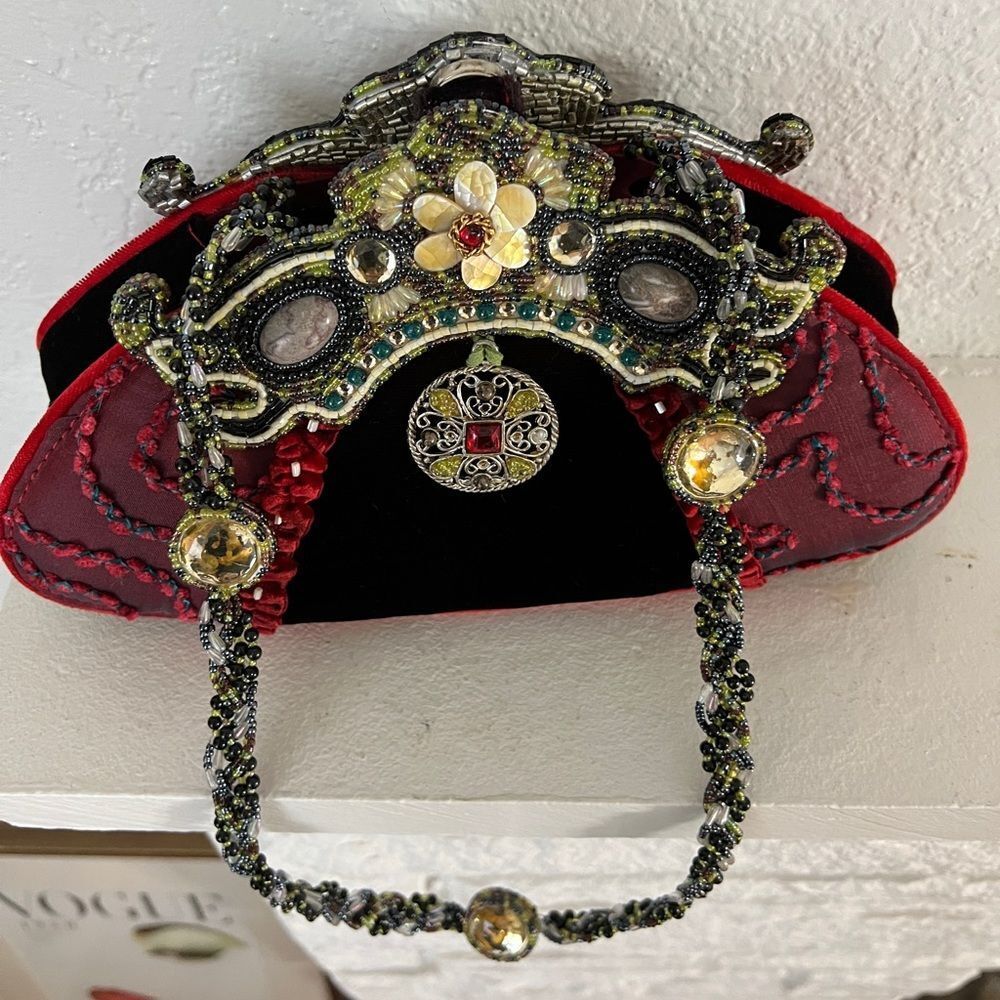 Vintage retro Mary Frances burgundy velvet embellished goth evening Y2K bag - Picture 2 of 11